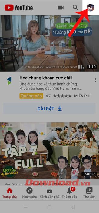 Nhấn vào biểu tượng tài khoản Youtube