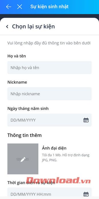 Nhập thông tin về sự kiện