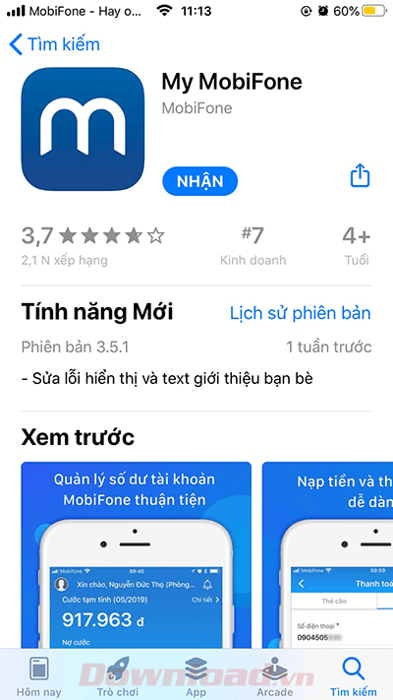 Nhấn <strong>Nhận</strong> để cài đặt My Mobifone trên iPhone