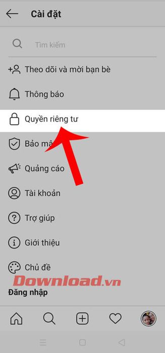 Nhấn vào mục Quyền riêng tư