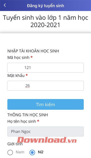 Hoàn thiện thông tin cá nhân của học sinh