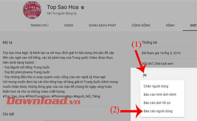 Bấm vào biểu tượng lá cờ và chọn mục Báo cáo người dùng