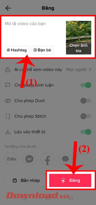 Viết chú thích cho video và nhấn nút Đăng