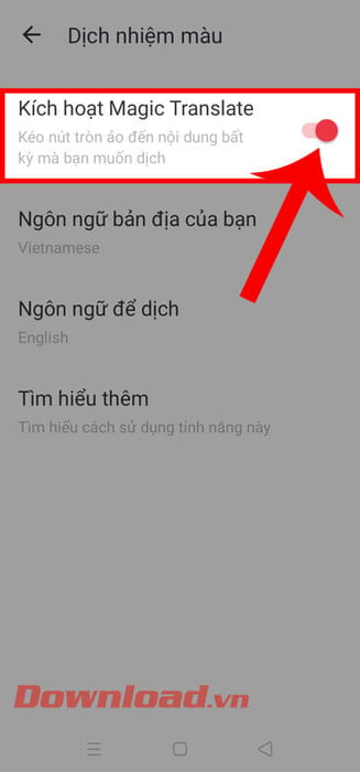 Kéo công tắc Kích hoạt Magic Translate