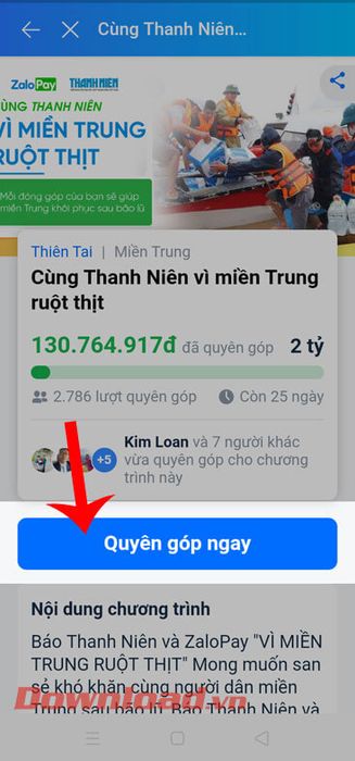 Chạm vào nút Quyên góp ngay