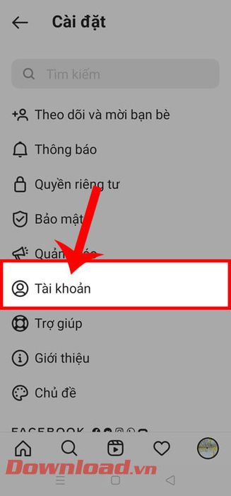 Nhấn vào Tài khoản 