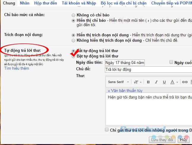 Chọn trả lời tự động cho Gmail