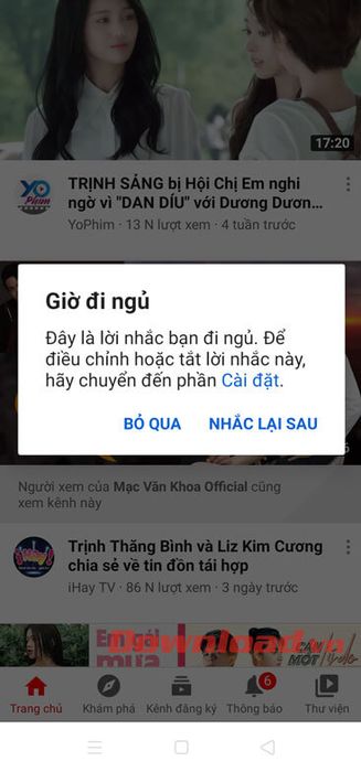 Hiển thị thông báo nhắc nhở giờ đi ngủ