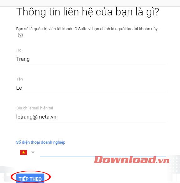 Thông tin liên hệ cho Google Meet