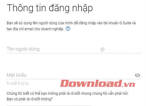 Thông tin đăng nhập vào G Suite