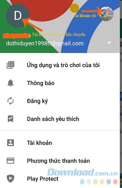 Google Play Store sau khi thay đổi tài khoản