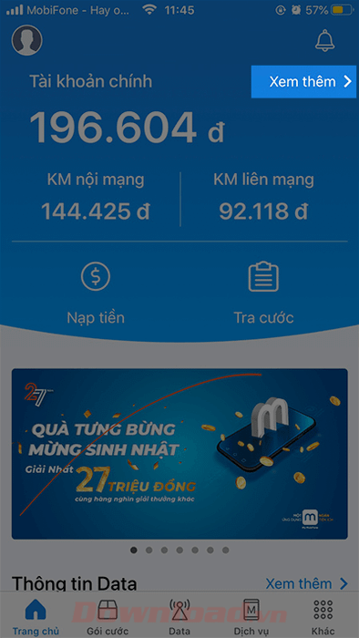 Xem thông tin tài khoản của Mobifone