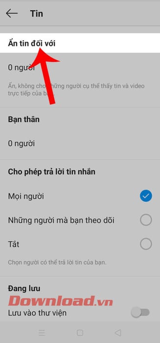 Chạm vào mục Ẩn tin đối với