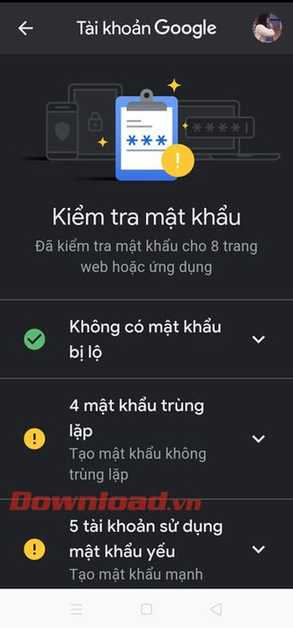 Mật khẩu trên Google đã được kiểm tra