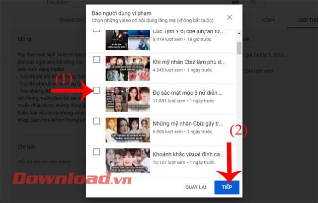 Chọn video bị vi phạm của kênh