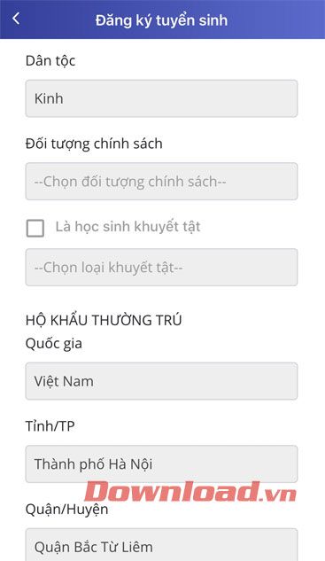 Hoàn thiện thông tin cá nhân của học sinh