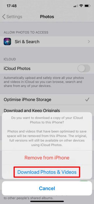 Tắt tính năng Tải ảnh lên iCloud hoàn toàn