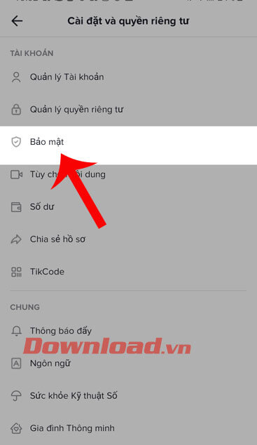 Chọn mục Bảo mật