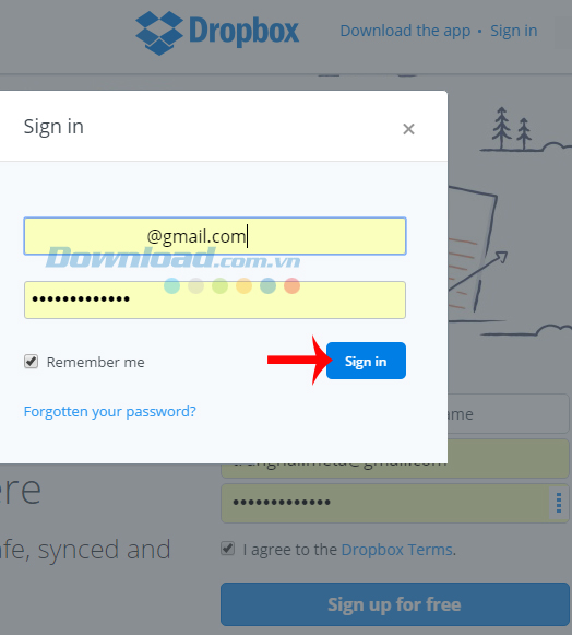 Đăng nhập vào trang chủ của Dropbox