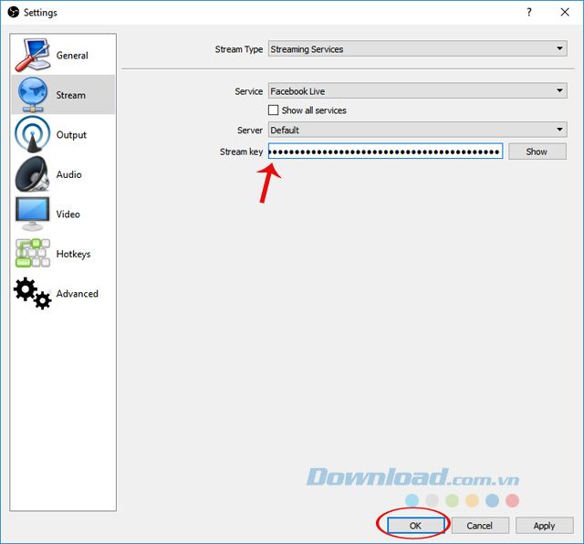 Dán Khóa luồng vào OBS Studio