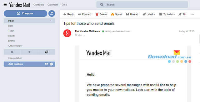 Giao diện của tài khoản Yandex Mail