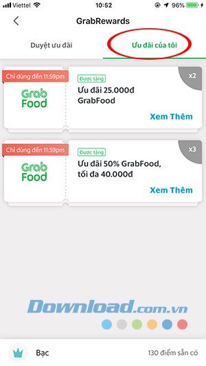 Danh sách ưu đãi của tôi trên Grab