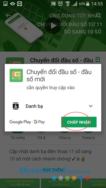 Chấp nhận cài đặt ứng dụng Chuyển đổi đầu số