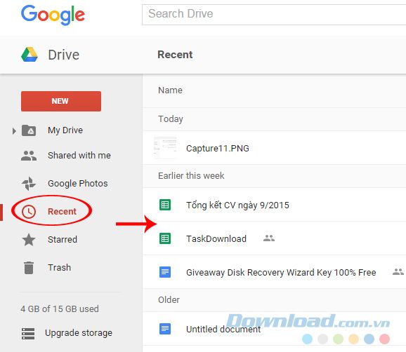 Tìm kiếm các dữ liệu mới nhất trên Google Drive