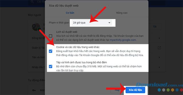 Chọn các mục và xóa dữ liệu