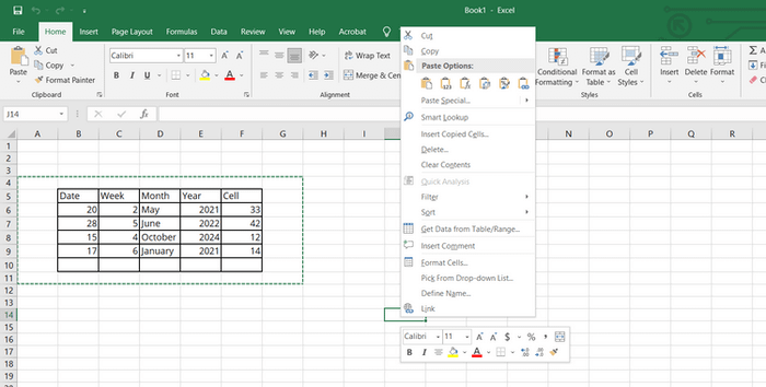 Chọn cách dán bảng dữ liệu trong Excel