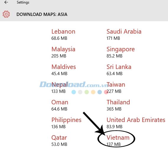 Chọn quốc gia để tải bản đồ ngoại tuyến trên Windows 10.