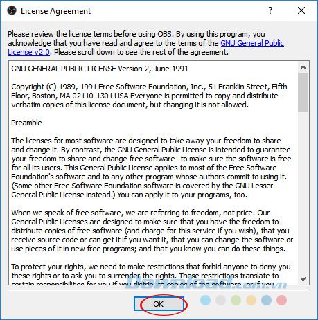 Chấp nhận điều khoản sử dụng OBS Studio