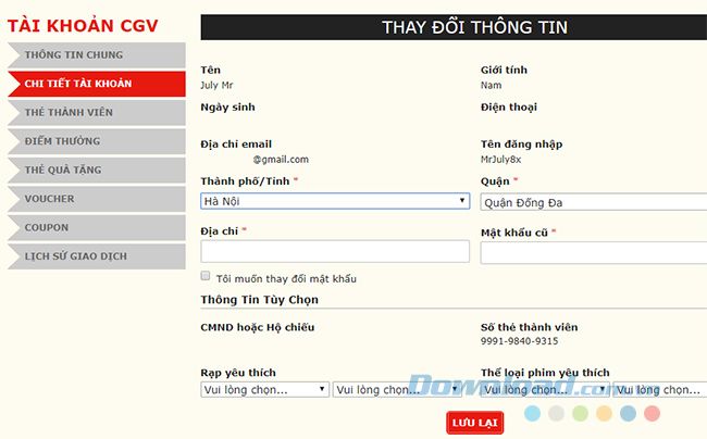 Chi tiết về tài khoản CGV