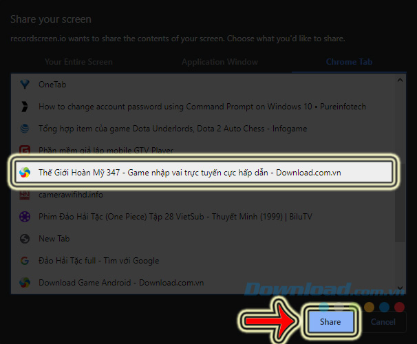 Chọn tab Chrome muốn quay
