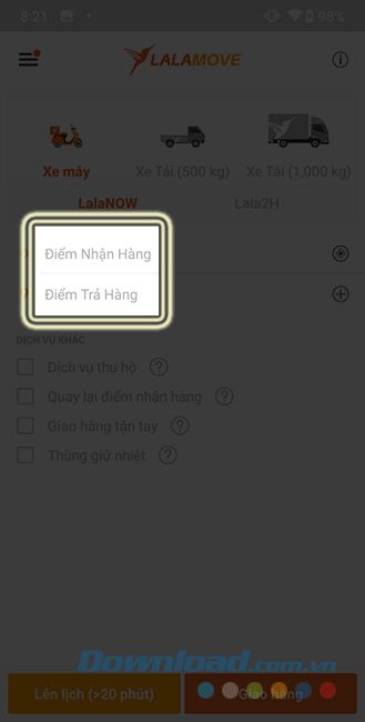 Lựa chọn điểm nhận và trả hàng