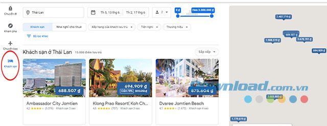 Khách sạn được đề xuất trên Google Flights