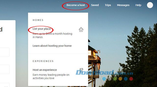 Trang chính của Airbnb