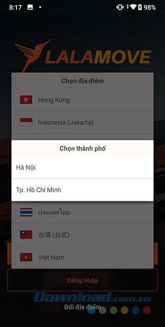 Chọn thành phố để sử dụng dịch vụ Lalamove