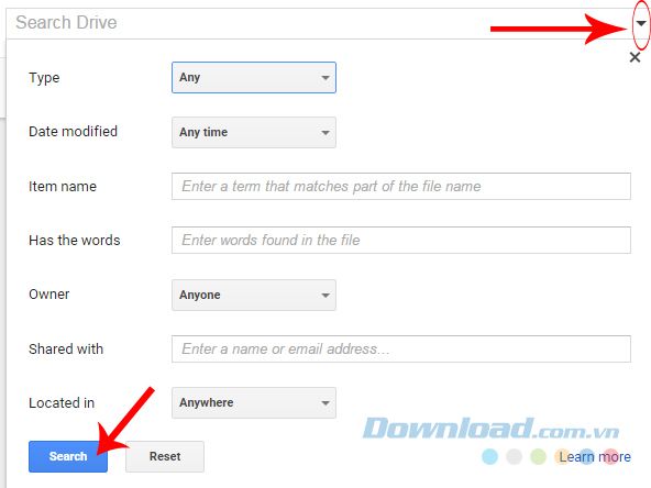 Giao diện tìm kiếm trên Google Drive