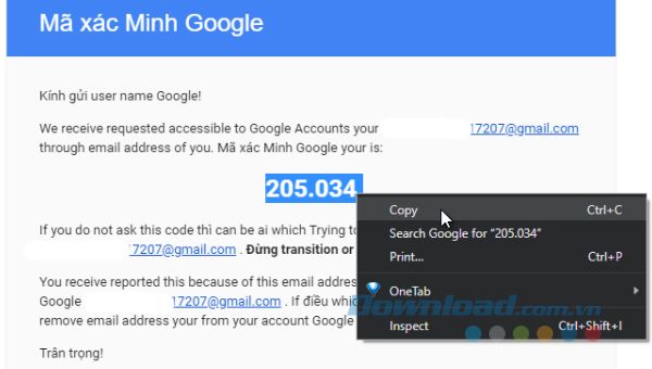Sao chép Mã xác minh Google
