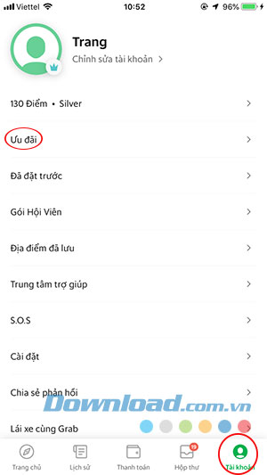 Trang cá nhân trên ứng dụng Grab