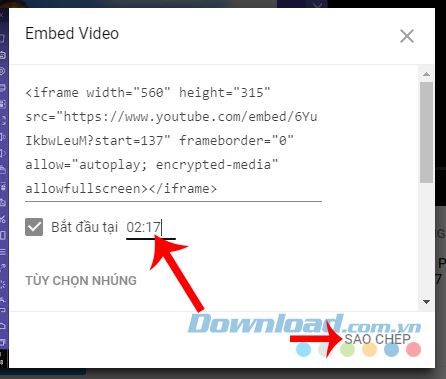 Điều chỉnh thời gian chọn mã nhúng Youtube