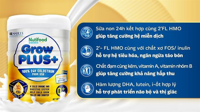 Sữa bột Nutifood GrowPLUS+ vàng 0+ (sữa non) vị vani 800g (0 - 12 tháng tuổi)