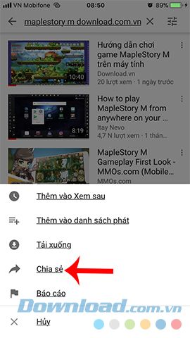 Chọn chia sẻ video Youtube