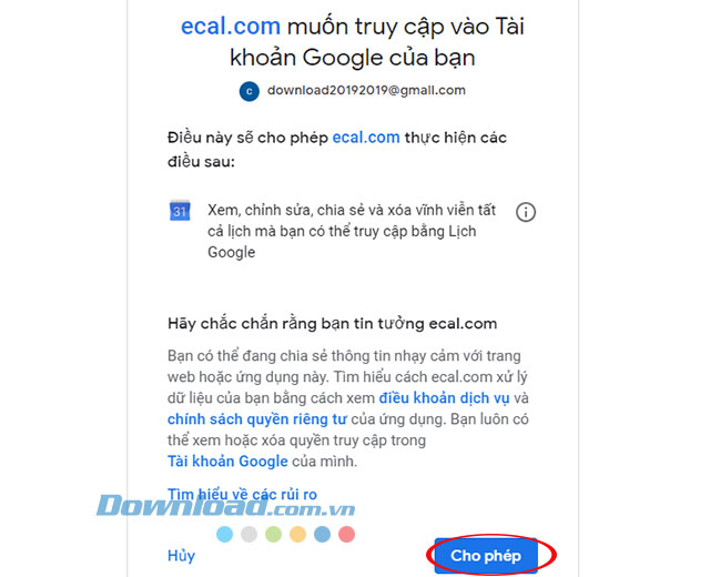 Đồng ý cho phép truy cập vào tài khoản Google