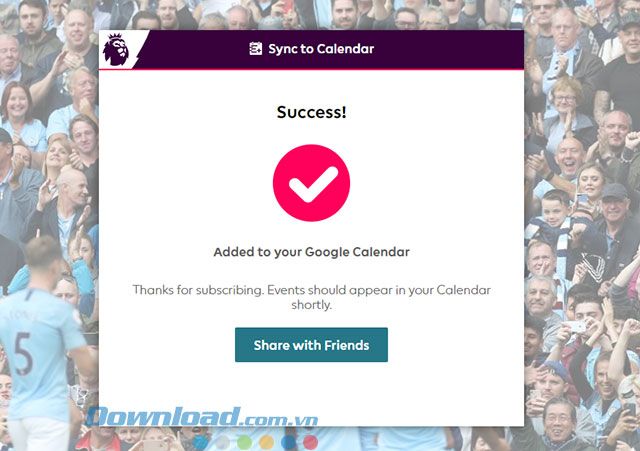 Thêm lịch bóng đá vào lịch Google thành công