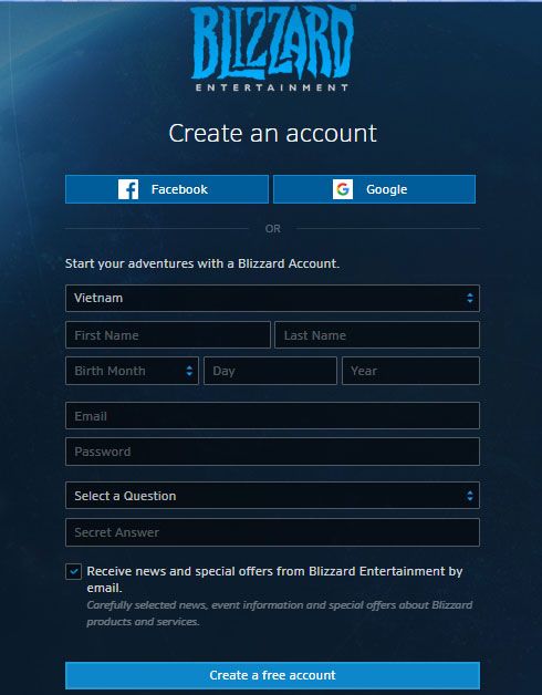 Nhập thông tin đăng ký tài khoản trên trang Battle.net