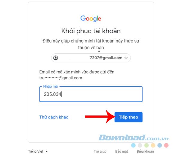 Nhập mã xác thực để khôi phục tài khoản Google