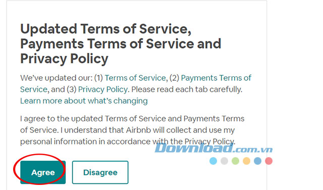 Chấp nhận các điều khoản sử dụng của Airbnb