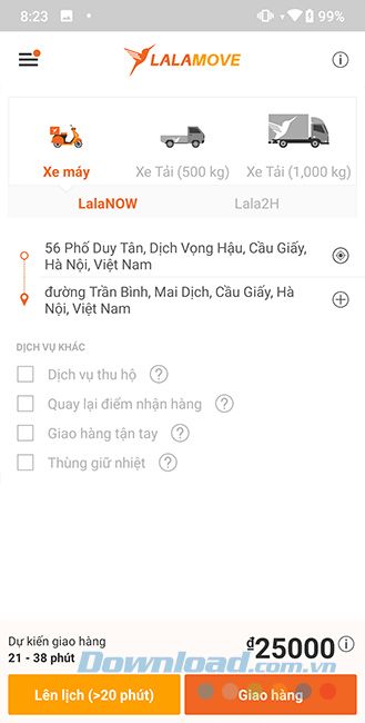 Bảng giá vận chuyển của Lalamove